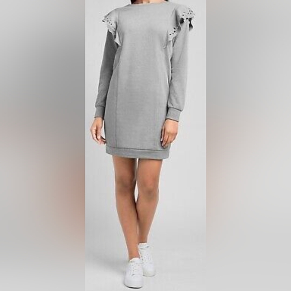 Express Eyelet Ruffle Grey Sweatshirt Dress Size XL NWT MSRP $88